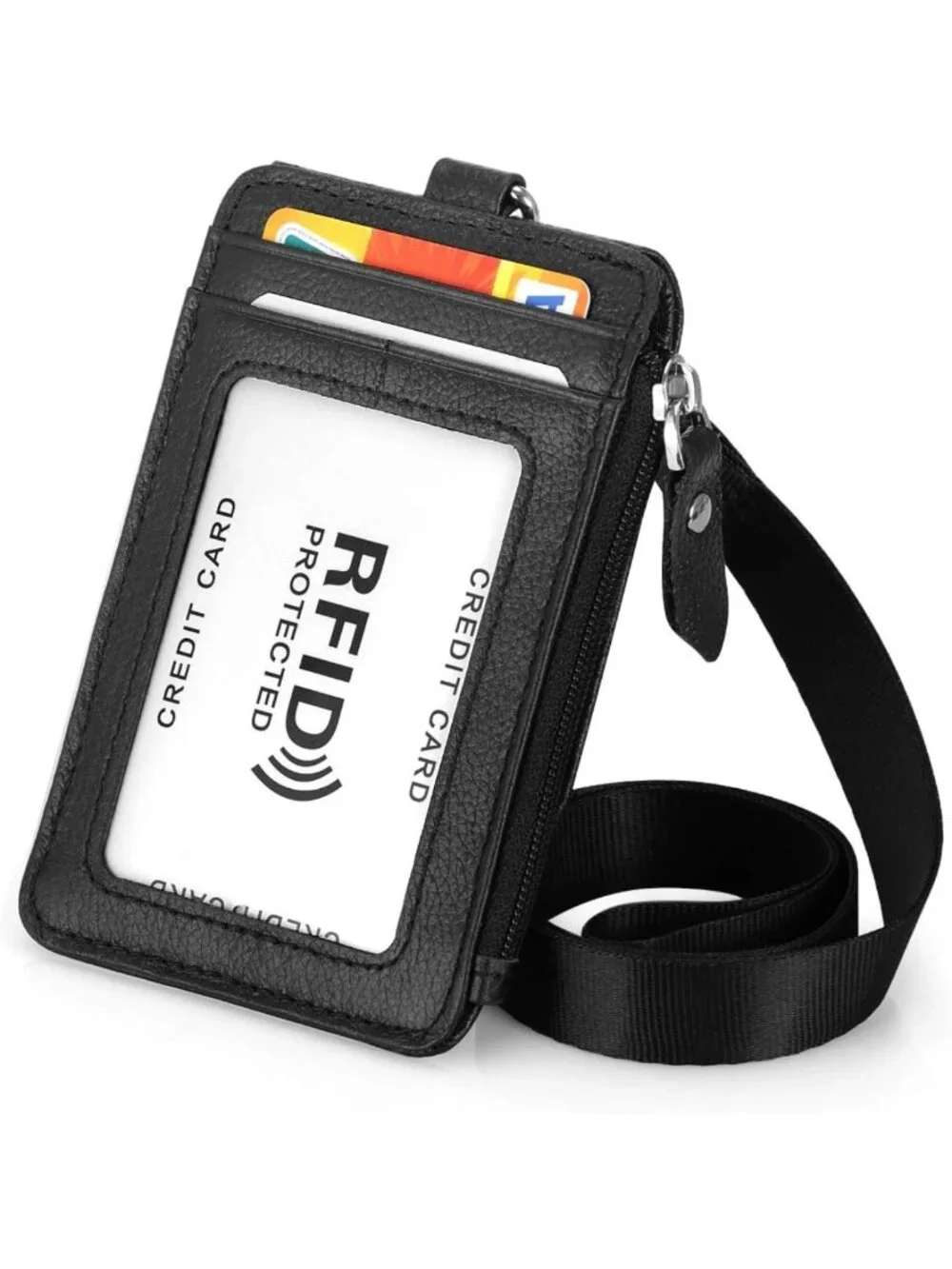 Genuine Leather RFID Badge Holder Wallet with Zipper & Swivel Hook Lanyard